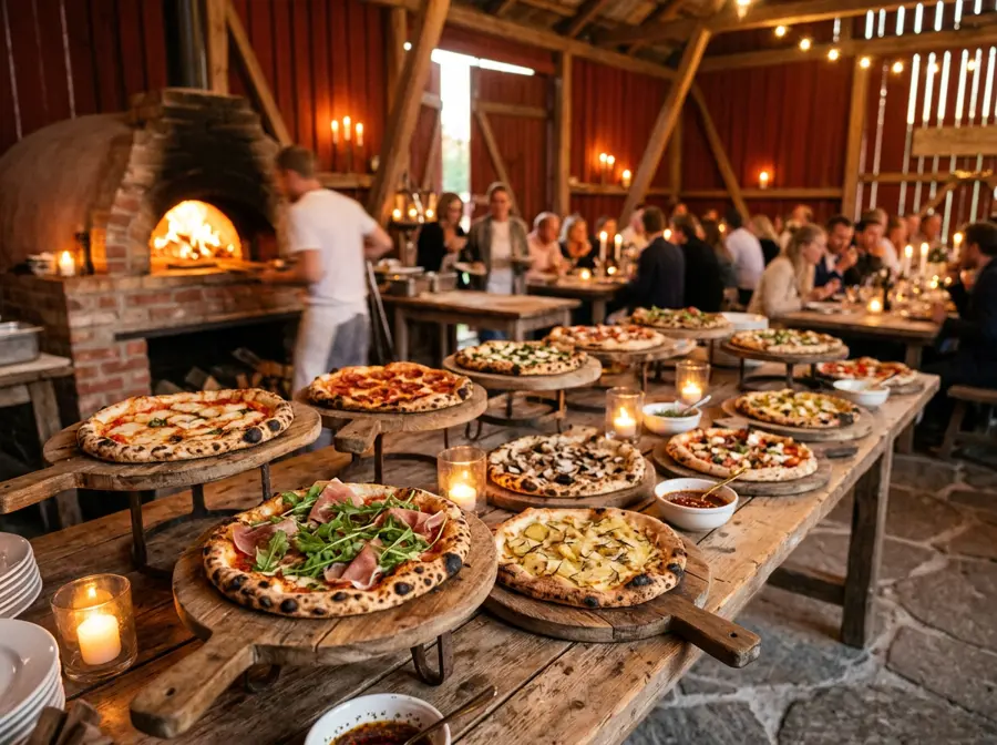 Pizzabuffé med vedugnsbakade pizzor i en rustik lada