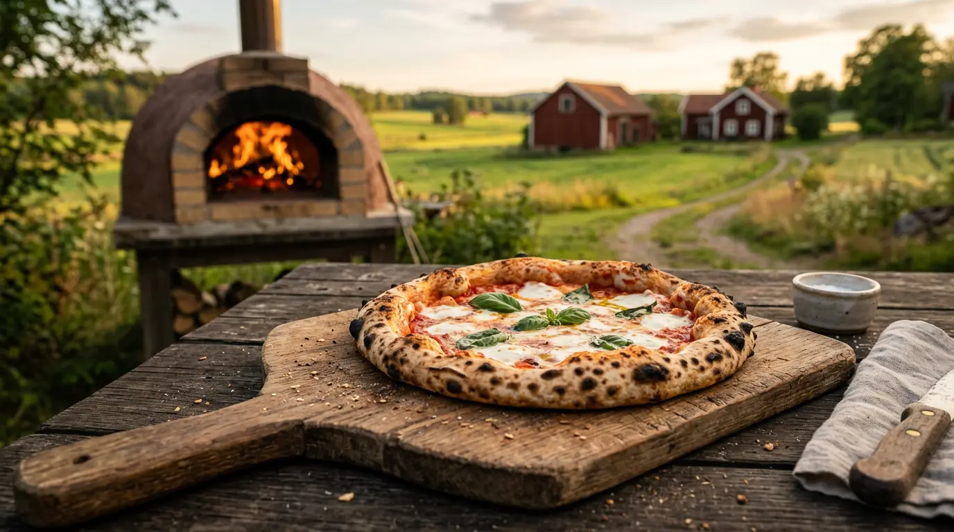 Vedugnsbakad pizza på ett träbord med vedugn och röda gårdar i bakgrunden
