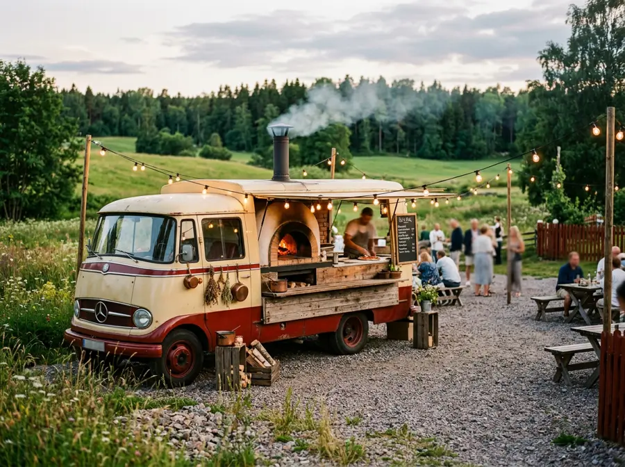 Matbil med vedeldad pizzaugn på en grusplan vid sommarängar